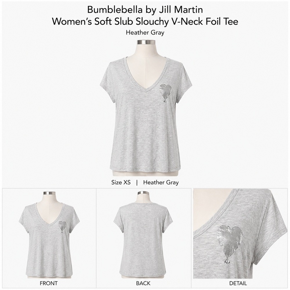 Bumblebella Jill Martin Womens XS Soft Slub Slouchy V-Neck Foil Tee Gray A636273